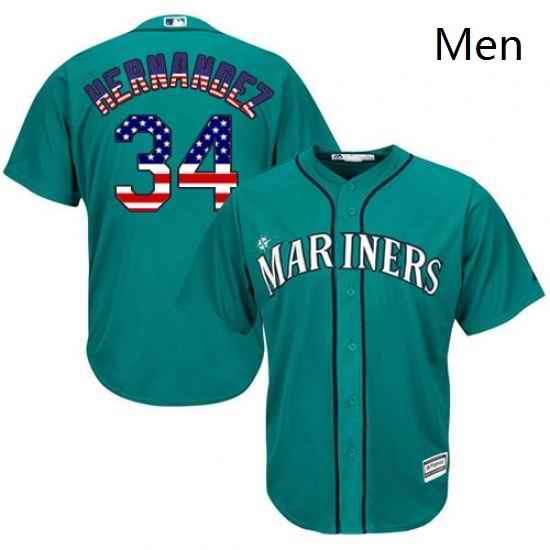 Mens Majestic Seattle Mariners 34 Felix Hernandez Replica Teal Green USA Flag Fashion MLB Jersey